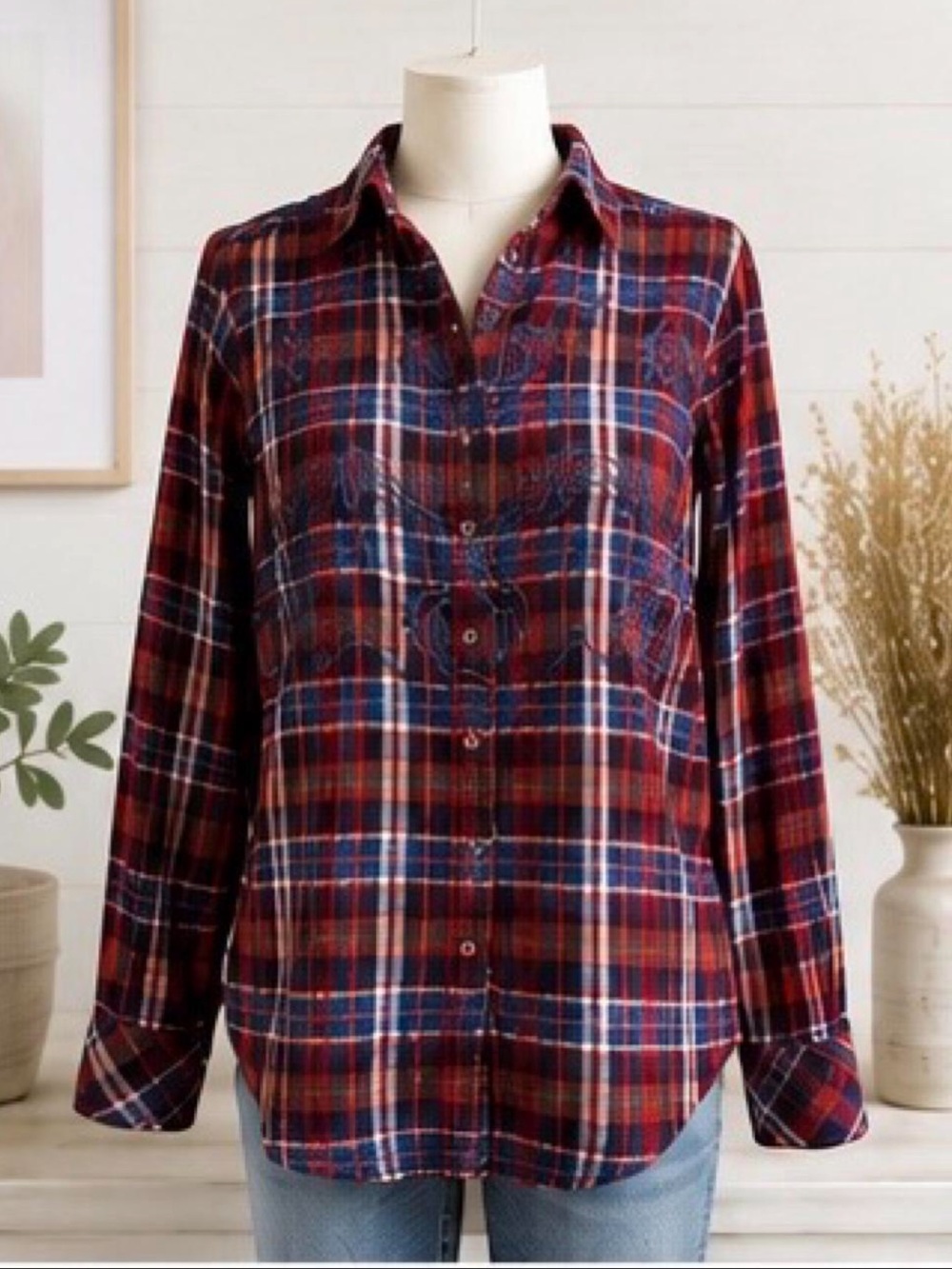 Free People Magical Plaid Embroidered Shirt XS Red Navy Button Down